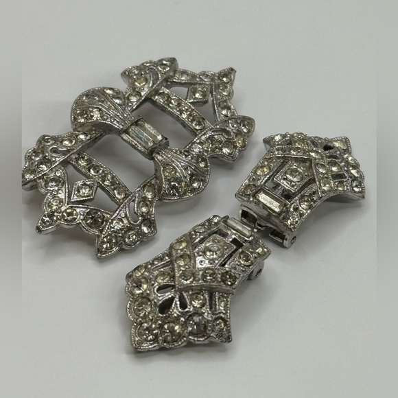 Antique Art Deco Double Dress Clip Clear Rhinestone Brooch - Picture 4 of 15